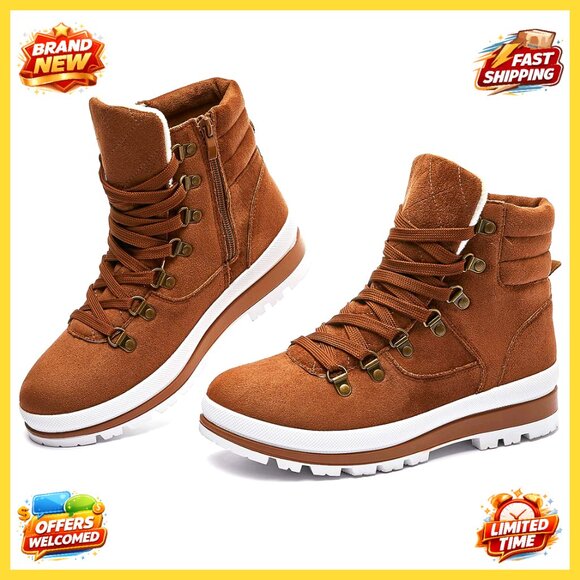 Shoes - Lace-Up Combat Boots with Side Zipper, Anti-Slip Sole, Fluffy Lining, Winter